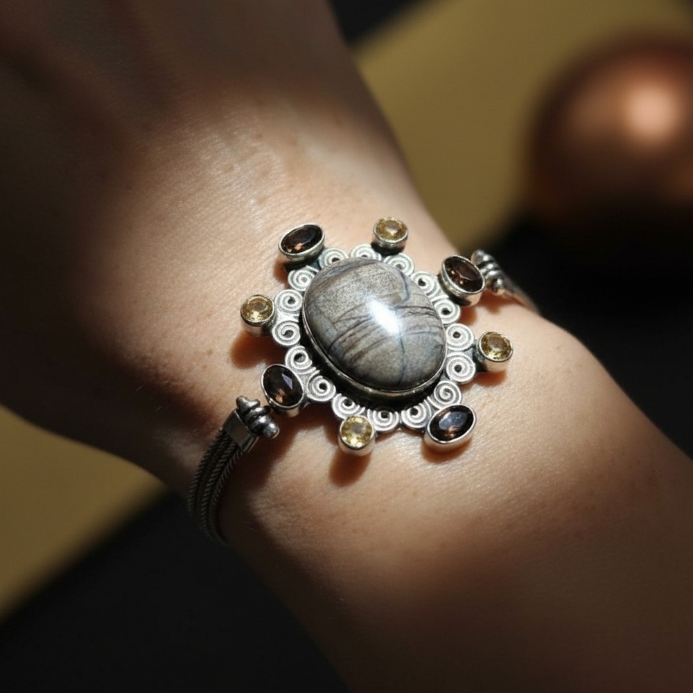 Picasso Stone Jasper, Citrine & Smokey Quartz Sterling Silver Bracelet